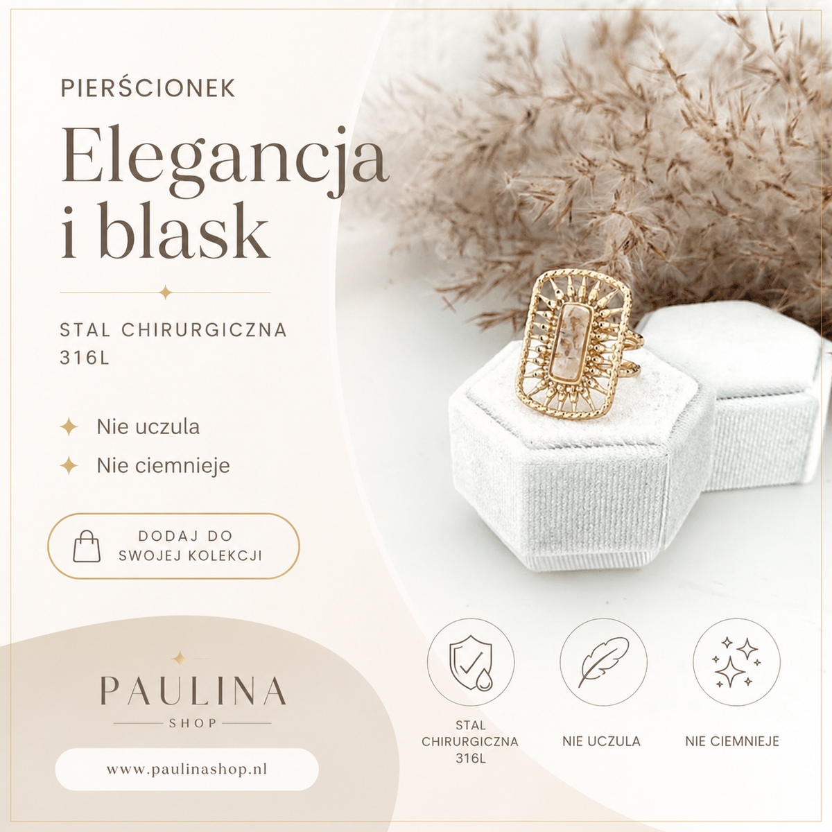 Pierścionek - Long Stone Beige