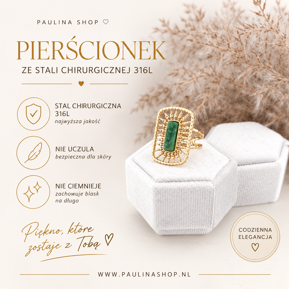 Pierścionek - Long Stone Green